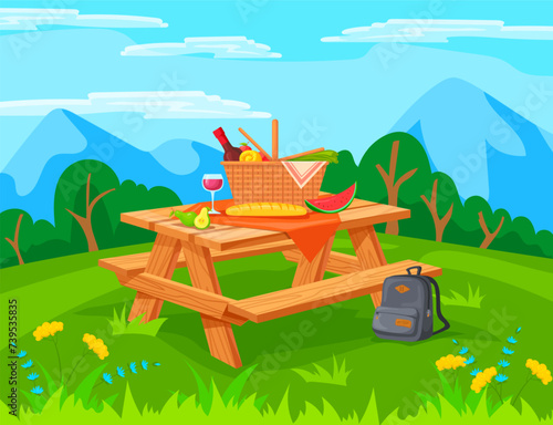 Picnic table landscape. Spring barbecue or summer vacation outdoor scene forest park cartoon background, bbq basket food fruit and wine on camp tables, neat vector illustration