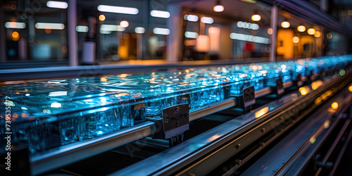 The conveyor lines that disappear in the future create a feeling of an endless flow of product