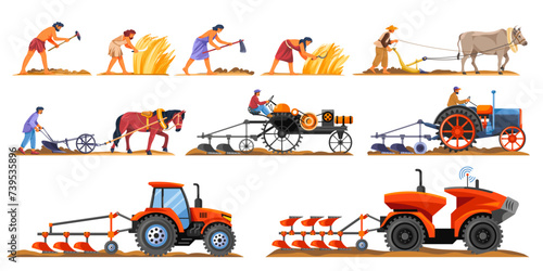 Farming evolution. Animal plowing plough, history timeline agriculture, ancient farmer with primitive tools machining field equipment cultivated soil, recent vector illustration photo