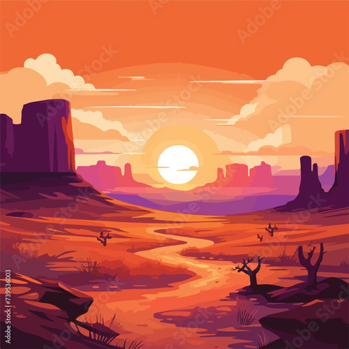 Vector illustration of sunset desert landscape. W