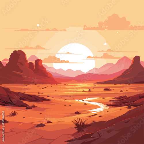Vector illustration of sunset desert landscape. W
