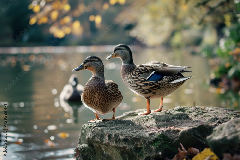 Amidst the serene autumn landscape, two majestic mallard ducks stand gracefully on a rock by the tranquil water, their vibrant feathers glistening in the sunlight Amidst the serene autumn landscape, two majestic mallard ducks stand gracefully on a rock by the tranquil water, their vibrant feathers glistening in the sunlight