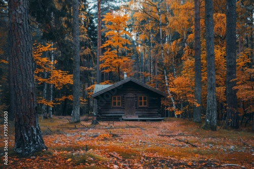 A rustic log cabin nestled among the vibrant fall foliage, surrounded by towering trees and a serene landscape