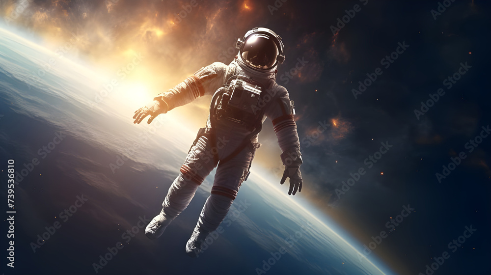 Fototapeta premium Floating astronaut in space with the sun behind him - Ai Generated