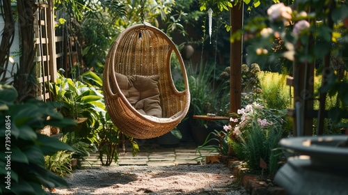 A rustic rattan swing chair hanging from a sturdy frame in a tranquil garden corner, rattan outdoor furniture © Julia