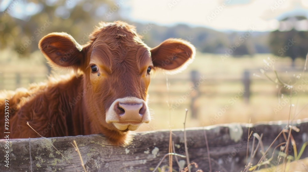 A curious dairy cow stands tall, peering over the wooden fence into the vast green field, as its young calf frolics in the outdoor terrain A curious dairy cow stands tall, peering over the wooden fence into the vast green field, as its young calf frolics in the outdoor terrain