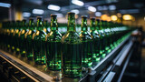 The monotony of bottles against the background of the conveyor emphasizes the scale and efficiency