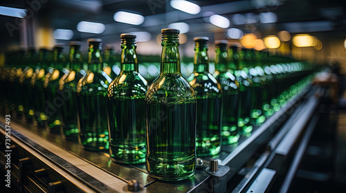 The monotony of bottles against the background of the conveyor emphasizes the scale and efficiency
