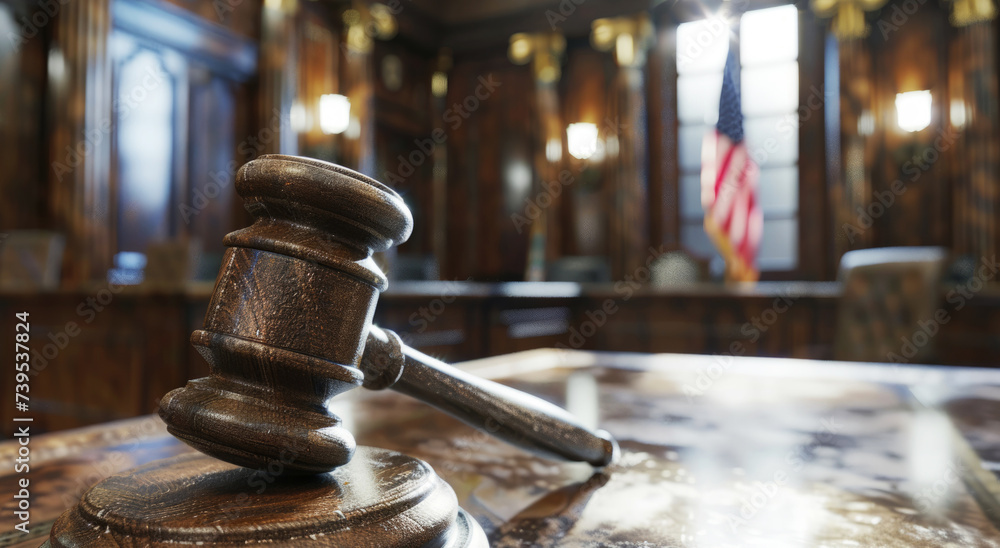 A wooden judge's gavel on a desk in a court room, A wooden judge's gavel on a desk in a court room,