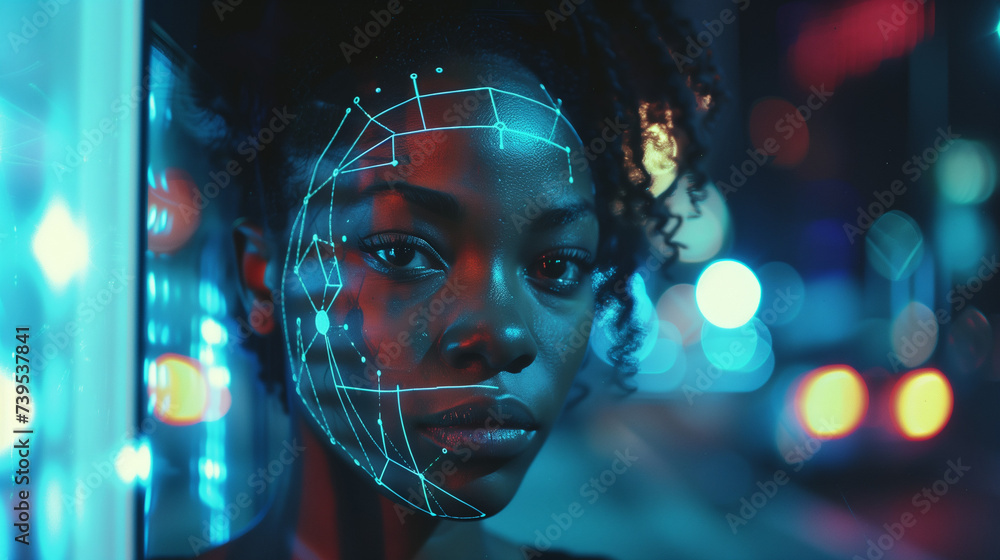 Facial recognition illustration concept. Black african american artificial intelligence user. AI generated - obrazy, fototapety, plakaty 