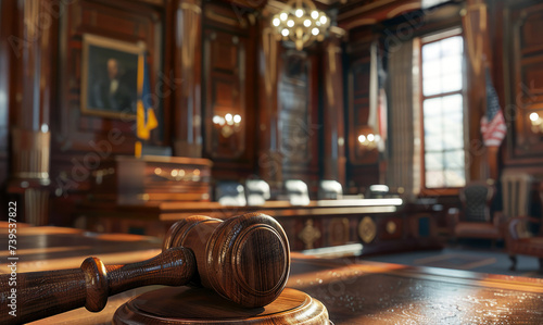 A wooden judge's gavel  on a desk in a court room, photo