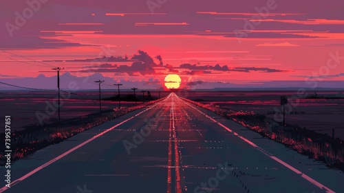 As the sun sinks below the horizon, a red afterglow fills the evening sky above a peaceful road, signaling the end of one journey and the beginning of a new dawn photo