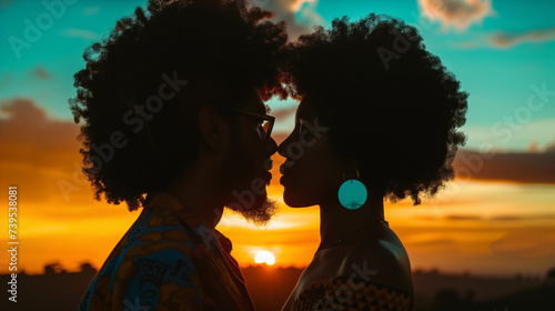 Afro couple kissing at sunset. Afro-Colombian reggae theme, sunset beach, orange and blue. 