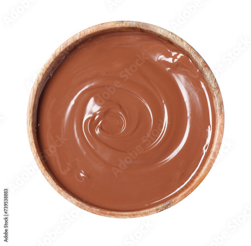 Tasty melted milk chocolate in bowl isolated on white, top view