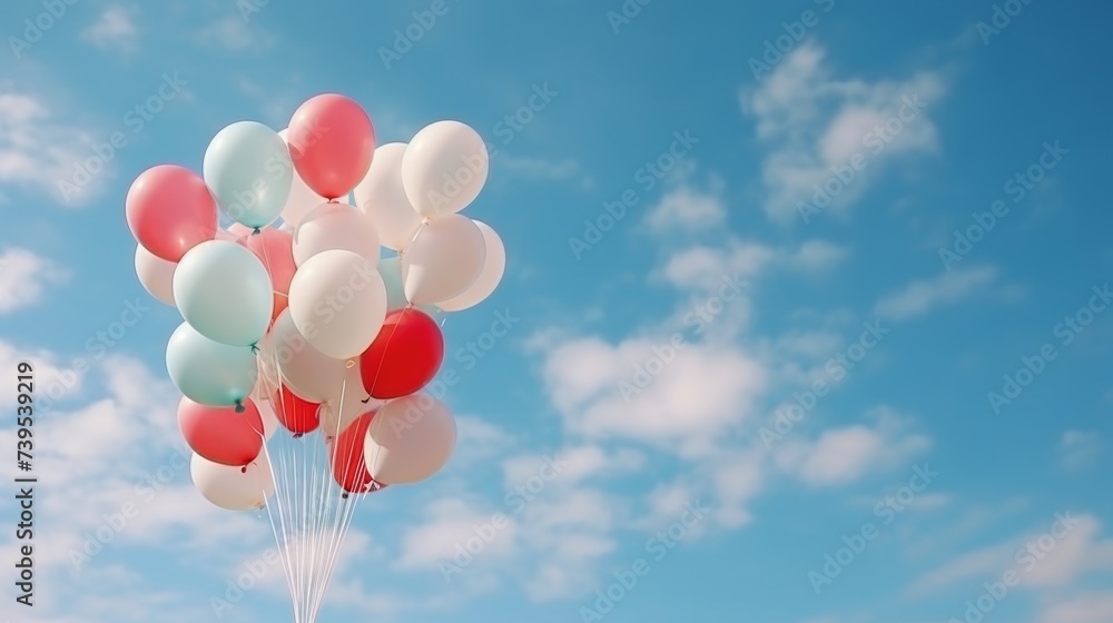Balloons around the world day. female hand holding colorful balloons sky. Festive air banner