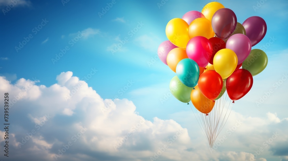 Balloons around the world day female hand with colorful balloons festive sky banner
