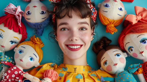 Beautiful woman surrounded with rugg dolls, muppets. Top view, vintage inspired style, joy and happiness. Childhood.