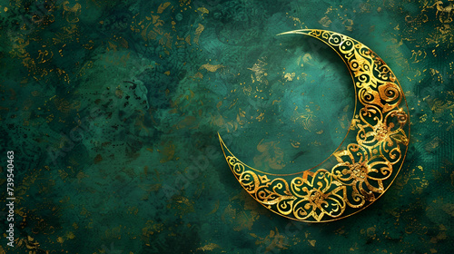 Ramadan banner with copy space, golden crescent on green background with space for text
