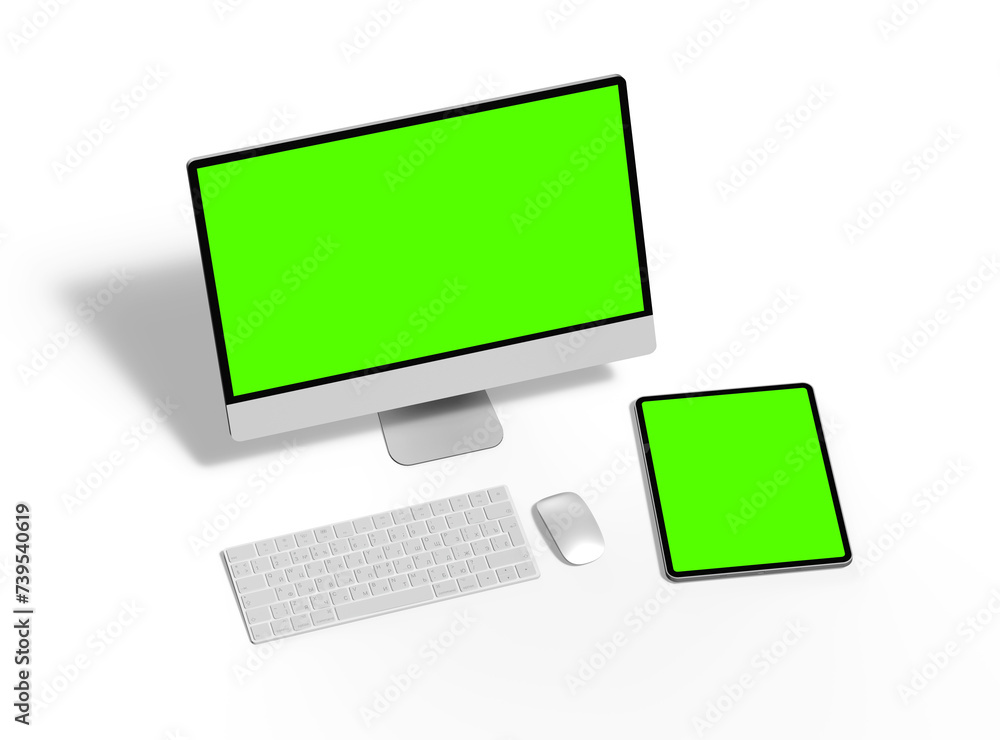 3d render of a desktop computer and tablet with a green screen on a light background. 3d render of a desktop computer and tablet with a green screen on a light background.