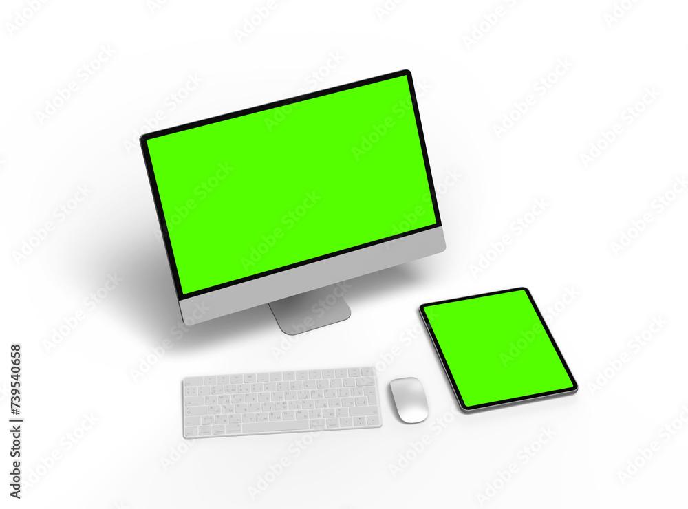 3d render of a desktop computer and tablet with a green screen on a light background. 3d render of a desktop computer and tablet with a green screen on a light background.