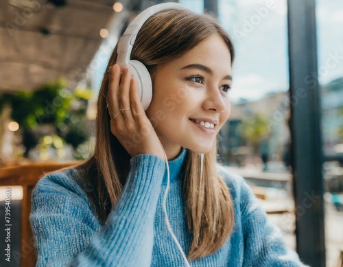 Wallpaper Mural young blond girl listening to the music in her blue headphone sitting in a cafe Torontodigital.ca