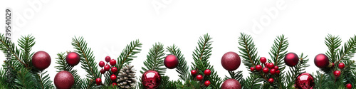 Fir branches and christmas balls border, isolated from background.