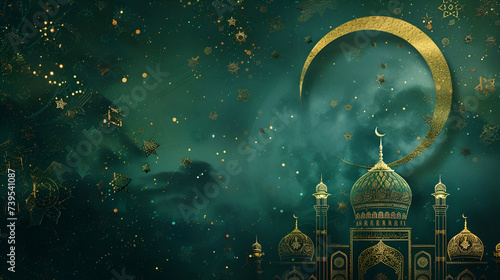 ramadan banner with copy space, golden crescent and mosque with golden pattern on green background with space for text photo