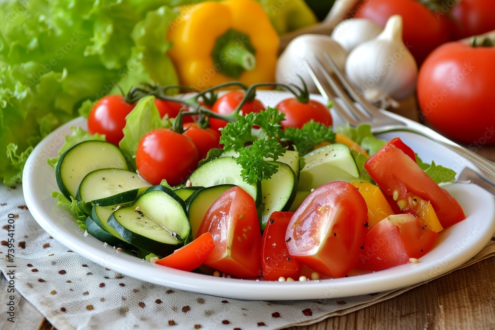 Healthy salad of tomato, cucumber, parsley and pepper vegetables with spices and herbs for breakfast Healthy salad of tomato, cucumber, parsley and pepper vegetables with spices and herbs for breakfast