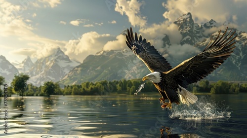 An eagle in flight catching fish from a lake photo