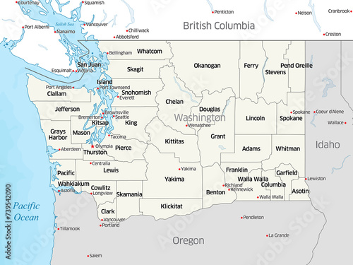 Political map showing the counties that make up the state of Washington, located in the United States. photo