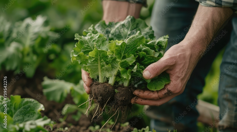 Farmer close-up holding and picking up green lettuce salad leaves with roots