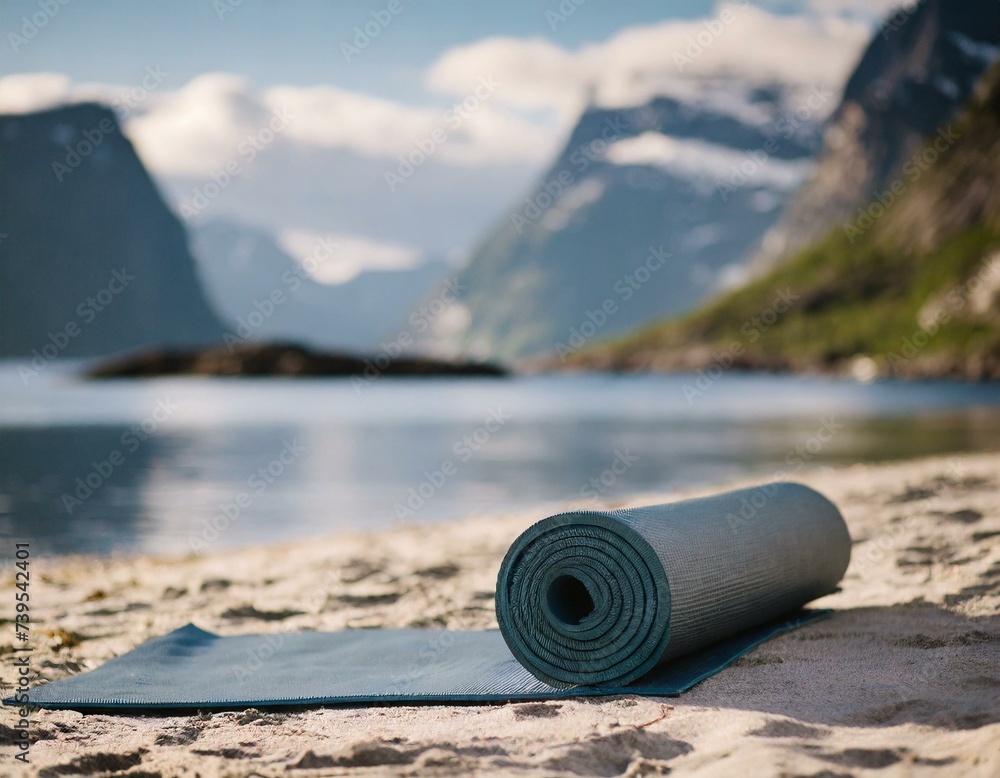 yoga mate on the sandy beach in the mountains in lofoten yoga mate on the sandy beach in the mountains in lofoten
