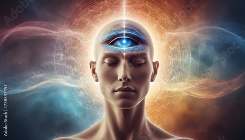 Consciousness Expansion, exploring altered states of consciousness for spiritual growth and self-exploration. Human face with spirituality Energy waves