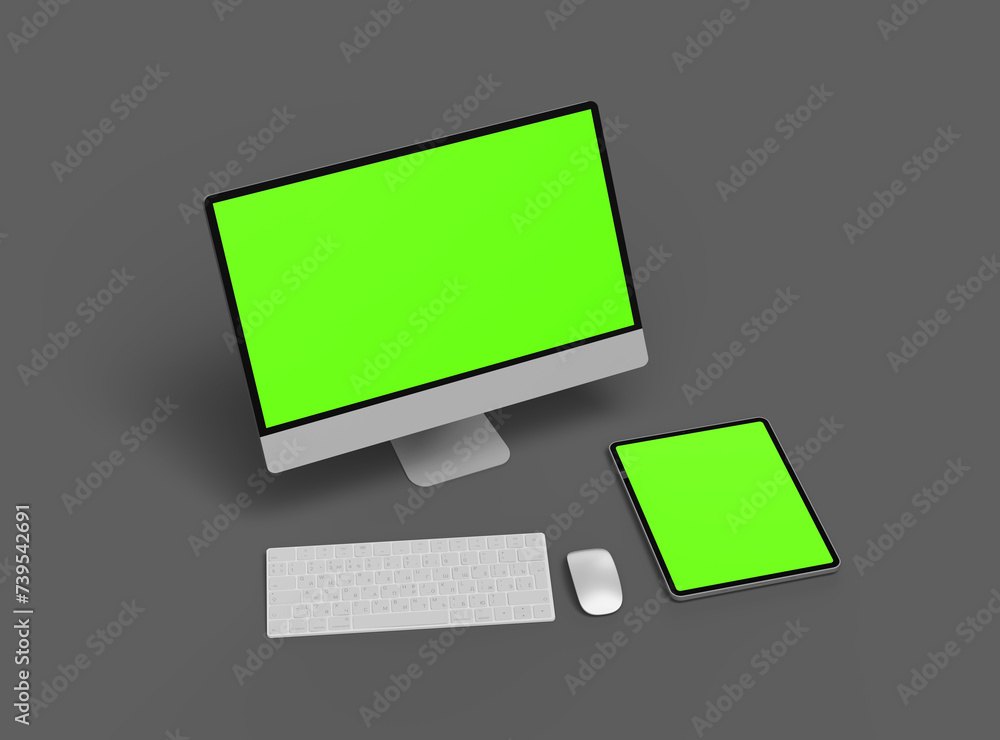 3d renderof a desktop computer and tablet with a green screen on a dark background. 3d renderof a desktop computer and tablet with a green screen on a dark background.