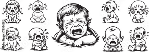 cute crying baby character set, angry child black and white vector graphics
