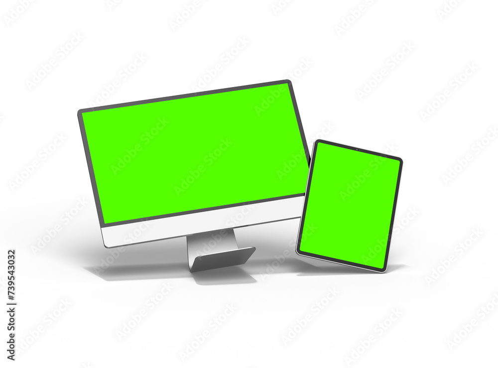 3d render of a desktop computer and tablet with a green screen on a transparent background. 3d render of a desktop computer and tablet with a green screen on a transparent background.
