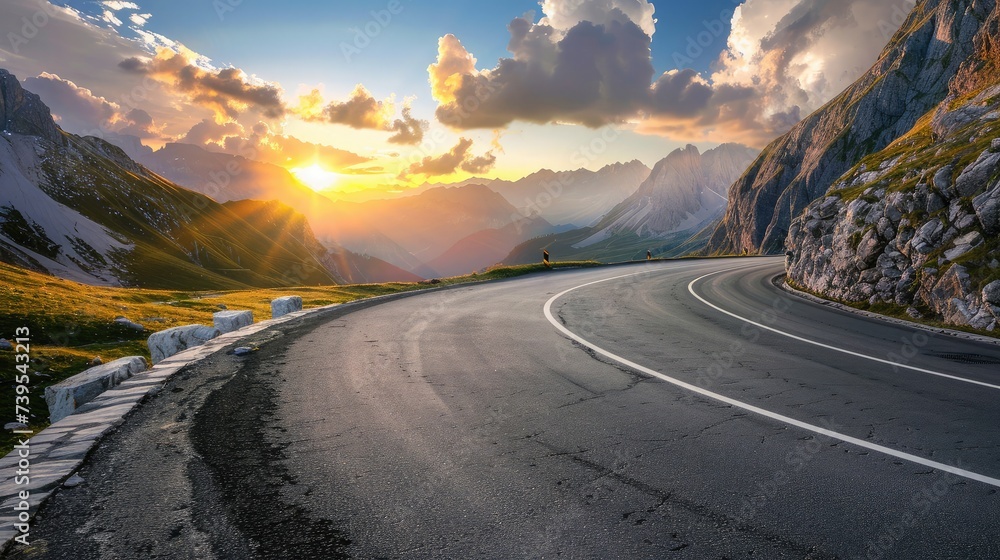 Mountain road at colorful sunset in summer. Dolomites, Italy. Beautiful curved roadway, rocks, stones, blue sky with clouds. Landscape with empty highway through the mountain pass in spring. Travel - obrazy, fototapety, plakaty 