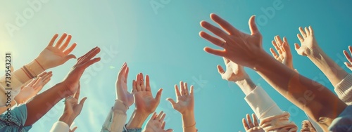 Panorama diversity multiethnic group of people success team together. Banner group of teamwork high five team together hands raise up power partner. Volunteer mission business partner with copy space photo