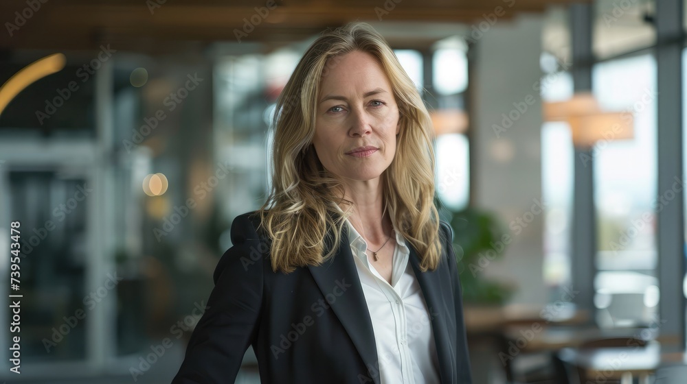 Portrait of a professional woman in a suit standing in a modern office. Mature business woman looking at the camera in a workplace meeting area. Portrait of a professional woman in a suit standing in a modern office. Mature business woman looking at the camera in a workplace meeting area.