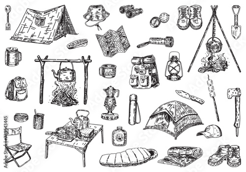 Camping doodles collection. Sketches set of outdoor adventure, hiking equipment, journey supply. Vector illustration isolated on white.