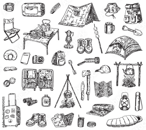 Travelling doodles collection. Sketches set of camping items, hiking equipment, journey attributes. Vector illustration in engraving style isolated on white.