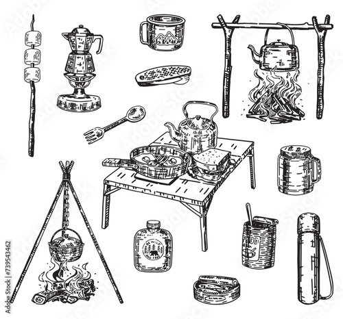 Camping kitchen doodles collection. Sketches set of outdoor kitchenware, campfire supplies. Vector illustration in engraving style isolated on white.