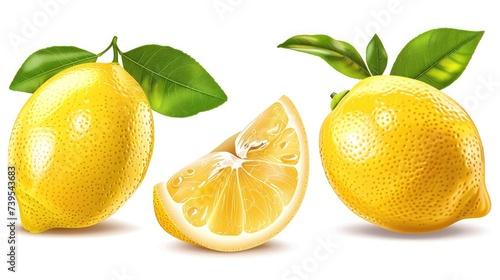 ripe lemon fruit with leaves, half and slice isolated, Fresh and Juicy Lemon, collection, cut out photo
