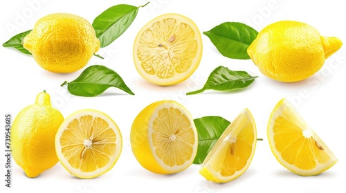 ripe lemon fruit with leaves, half and slice isolated, Fresh and Juicy Lemon, collection, cut out photo