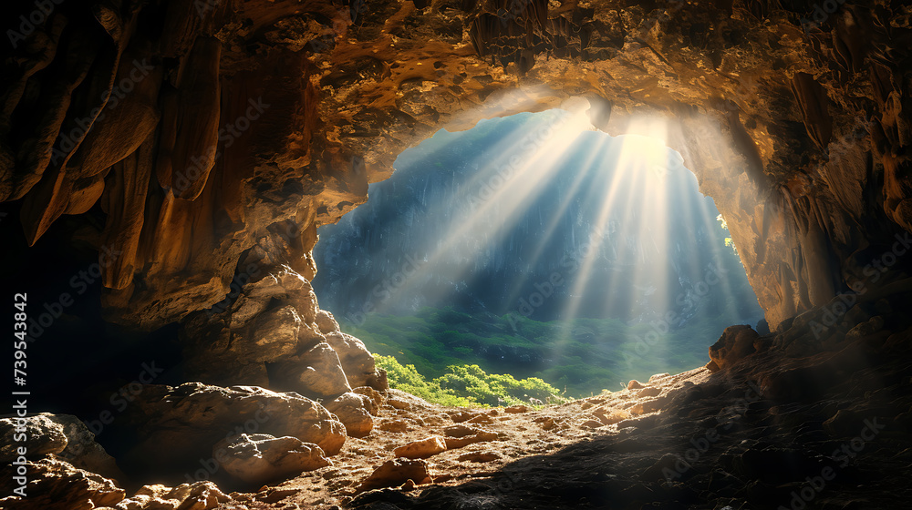 CInematic view of Empty easter christian tomb, easter empty tomb with sunrays coming in as a symbol of "he is risen". 
 - obrazy, fototapety, plakaty 