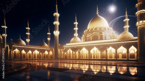 Beautiful mosque at night. Ramadan Kareem background. 3D rendering