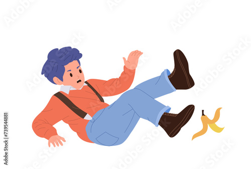 Upset boy child cartoon character falling down while slipping banana peel isolated set on white