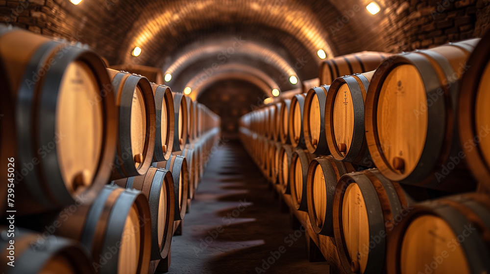 Interior of wine cellar underground. Barrels lining walls, aging vino.