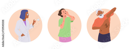 Isolated round icon composition with doctor dermatologist, stressed patient cartoon characters