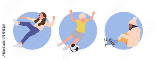 Unhappy children cartoon characters falling down while playing and sporting outdoors composition